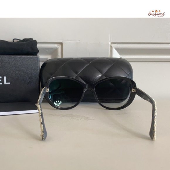 Authentic CHANEL Black Acetate Frame w/ White & Black Tweed CC Sunglasses - 5241 main image 8